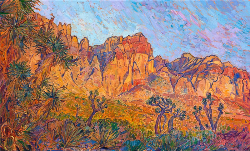 Thick brush strokes of oil paint create a sensation of movement and rhythm on this canvas of Red Rock Canyon. The early morning light hitting Rainbow Mountain causes it to glow in hues of gold and red. 