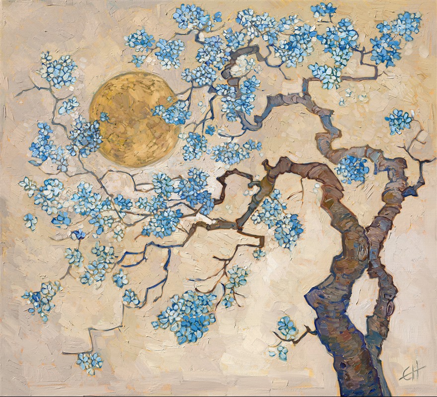 A simple and elegant composition, this painting of a Japanese cherry tree was inspired by my recent trip to Kyoto, Japan during the cherry blossom season (sakura). Their sakura season is celebrated nationwide. As a visitor from out of town, it was incredible to see how the entire country stopped for a few weeks every year to enjoy and celebrate the natural beauty and transient blooms of the cherry tree. 

This painting was done with 24kt gold leaf in the underpainting, so that little glints of gold leaf peek out between the cherry blossoms and the moon.