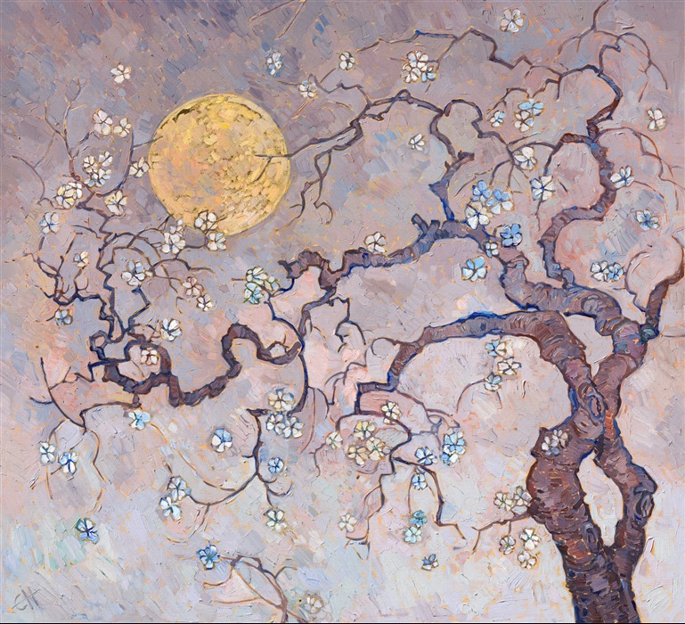 The first blooms of spring cling delicately to a Japanese cherry tree in this painting inspired by a recent trip to Kyoto, Japan. The sakura blossoms symbolize hope and renewal of life. As the first harbinger of spring, I see these tiny blossoms as the first points of joyful light after a long, overcast winter.

"Sakura Moon" was painted over 24kt gold leaf. The gold glints through the paint strokes on the moon and between the cherry blossoms. The subtle glimmer effect can be seen when you move around the painting and see it from different directions.