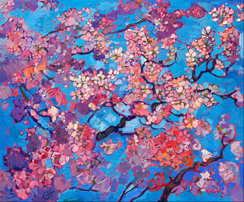 Japanese cherry blossoms glow with the reflected colors of sunset in this painting of Kyoto, Japan. Thick brushstrokes of oil paint capture an expressionistic, joyful explosion of color.