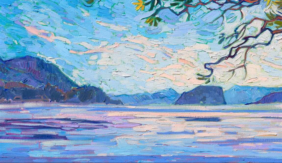 When I visited the San Juan Islands in Washington on a recent photo safari, my goal was to find as many paintable madrone trees as possible. This painting captures some of my favorite madrones, which I found on Orcas Island. I love the way their red, flaky bark looks against the Northwestern backdrop of blues and greens. I used thick, expressive brushstrokes of oil paint to capture a feeling of movement and transient light.