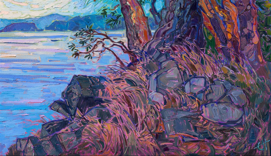 When I visited the San Juan Islands in Washington on a recent photo safari, my goal was to find as many paintable madrone trees as possible. This painting captures some of my favorite madrones, which I found on Orcas Island. I love the way their red, flaky bark looks against the Northwestern backdrop of blues and greens. I used thick, expressive brushstrokes of oil paint to capture a feeling of movement and transient light.