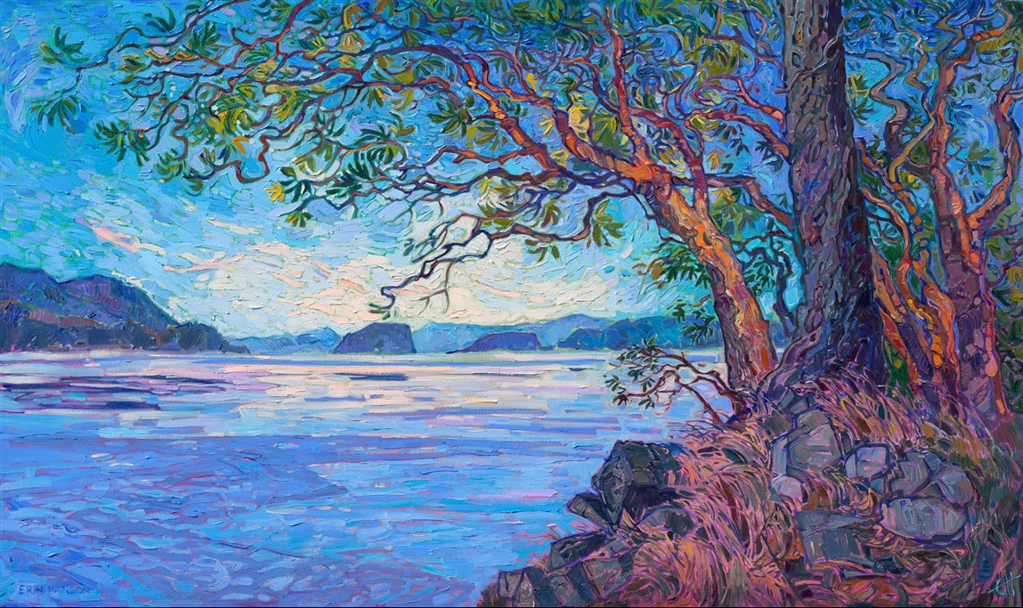 When I visited the San Juan Islands in Washington on a recent photo safari, my goal was to find as many paintable madrone trees as possible. This painting captures some of my favorite madrones, which I found on Orcas Island. I love the way their red, flaky bark looks against the Northwestern backdrop of blues and greens. I used thick, expressive brushstrokes of oil paint to capture a feeling of movement and transient light.