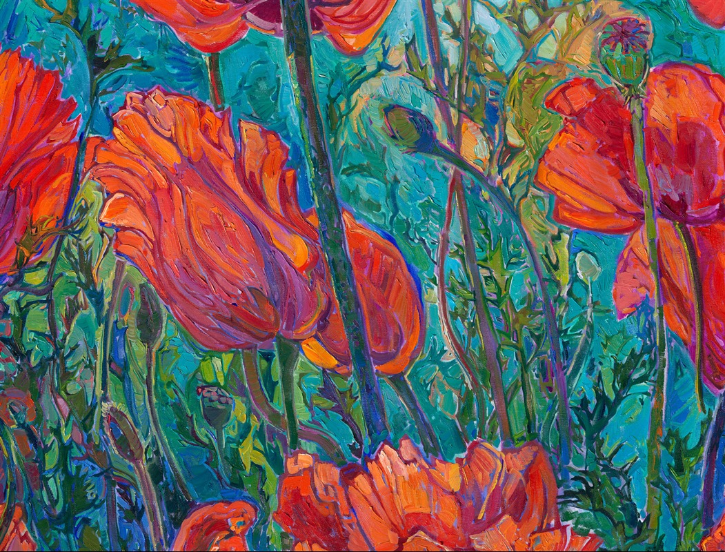 Every spring for the past five years, I have driven past a group of the largest red poppies I have ever seen, in an unassuming yard in McMinnville, Oregon. This year, I finally stopped and photographed them during the perfect golden-hour light. When I spoke to the homeowner, he told me he had planted these poppies over 50 years ago! Each year, they grew larger and larger, with blooms now as large as two of my hands held together. I knew I had to capture these scarlet poppies on a canvas large enough to convey the emotional impact they had on me. 