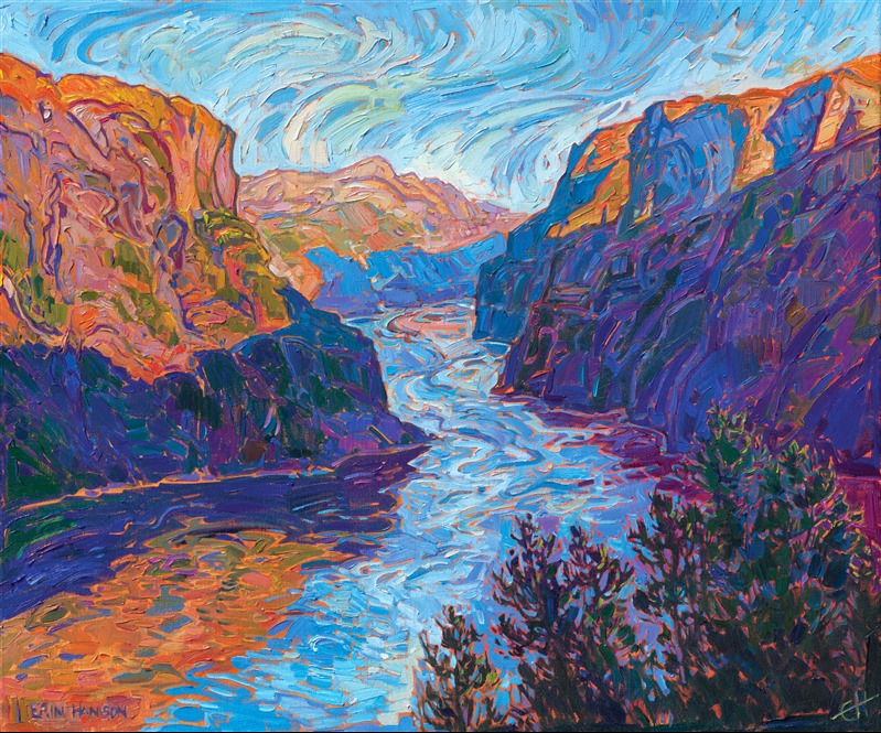 One of my favorite views in Norway was from the famous Stegastein. This painting captures the dawn light seeping down in the steep fjords, alive with the motion of color.