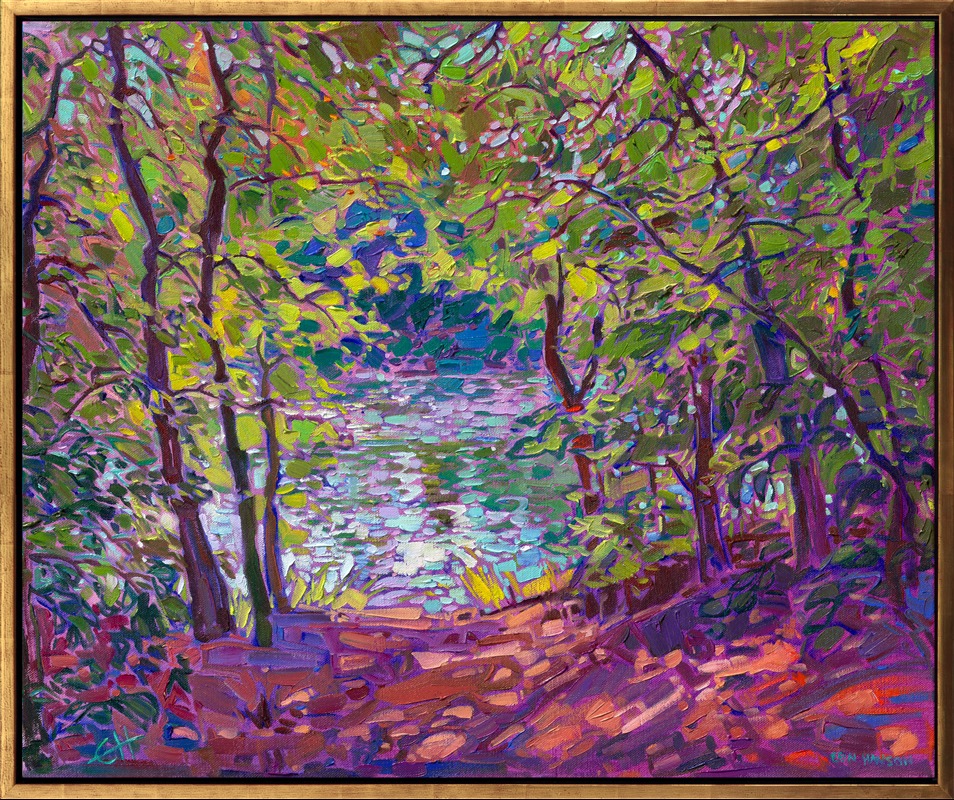 Step into an impressionistic world of light and unexpected color. This oil painting by Erin Hanson brings to life a vista of summer reflections inspired by Texas Hill Country. Thick brushstrokes of paint laid side by side form a tapestry of texture and color across the canvas.