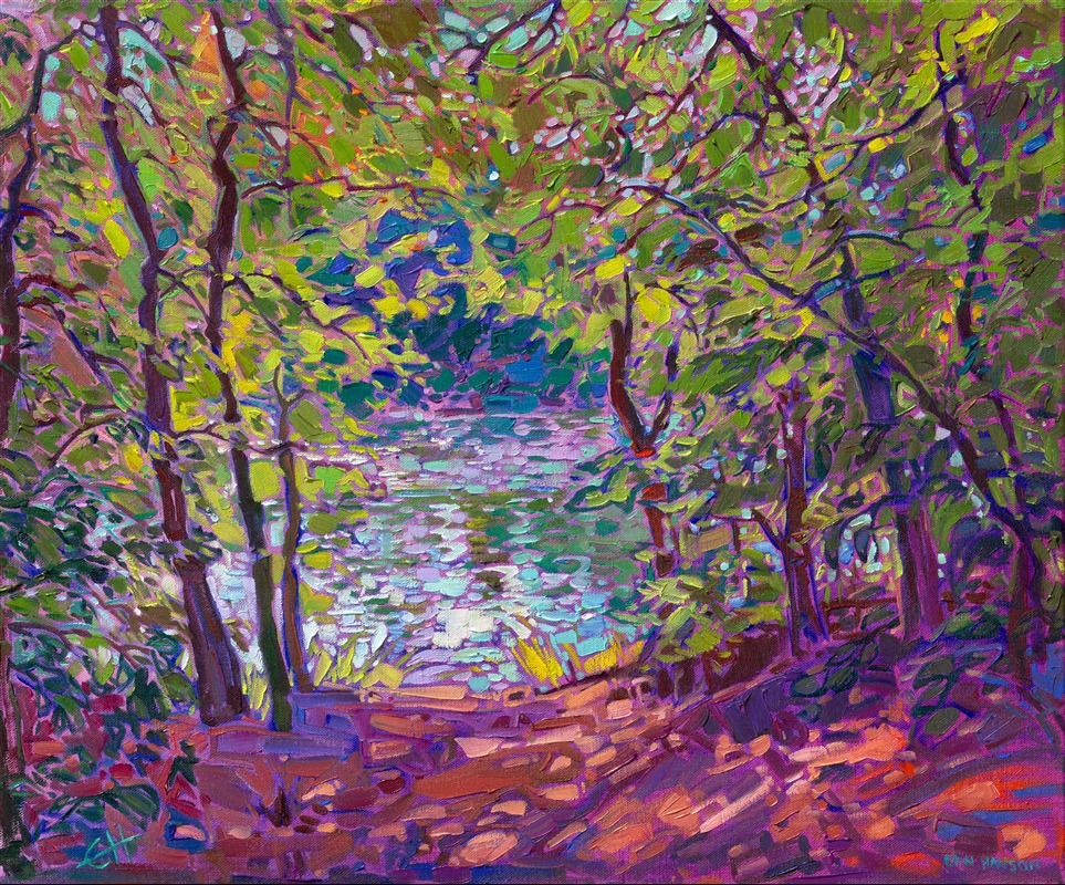 Step into an impressionistic world of light and unexpected color. This oil painting by Erin Hanson brings to life a vista of summer reflections inspired by Texas Hill Country. Thick brushstrokes of paint laid side by side form a tapestry of texture and color across the canvas.