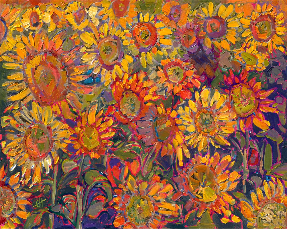 This impressionist painting of sunflowers was inspired by Provence, France. The golden blooms caught the first rays of morning light, one of the most beautiful things I have ever seen. I wandered through the sunflower field during the quiet dawn hour, taking endless photos to use as inspiration for paintings when I returned home.

This painting was created with 24kt gold leaf incorporated into the underpainting. The genuine gold peeks through the brushstrokes and catches the light.