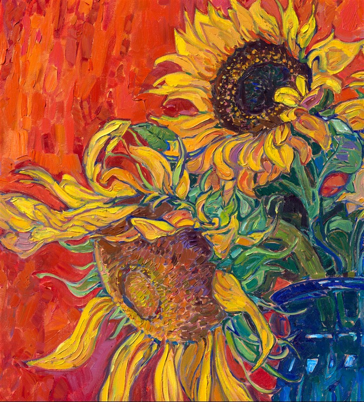 Bold, impressionist paintstrokes capture a blue glass vase with a bouquet of sunflowers. The vibrant colors make this a beautiful addition to any eclectic space. Surround yourself with beauty with an Erin Hanson bouquet.