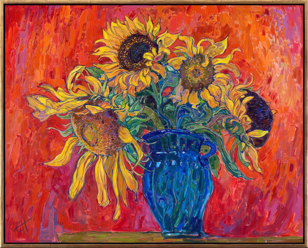 Bold, impressionist paintstrokes capture a blue glass vase with a bouquet of sunflowers. The vibrant colors make this a beautiful addition to any eclectic space. Surround yourself with beauty with an Erin Hanson bouquet.