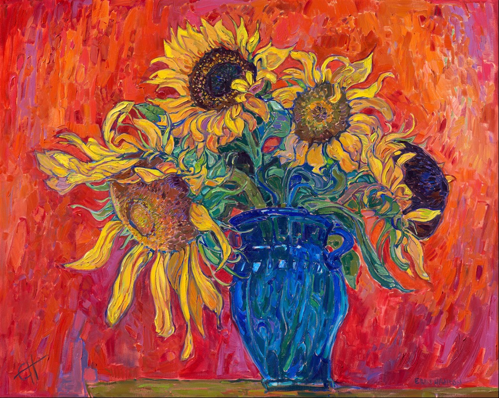 Bold, impressionist paintstrokes capture a blue glass vase with a bouquet of sunflowers. The vibrant colors make this a beautiful addition to any eclectic space. Surround yourself with beauty with an Erin Hanson bouquet.