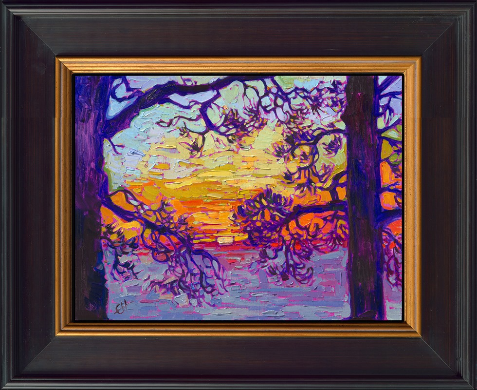 Impressionistic hues of oil paint bring to life this scene of ancient pine trees silhouetted against the sun setting beyond the Pacific Ocean. Erin Hanson is famous for her Open Impressionism technique, where she lays brushstrokes of oil paint side by side without layering. Her style of painting results in paintings that are loose and expressive, alive with color and motion. 