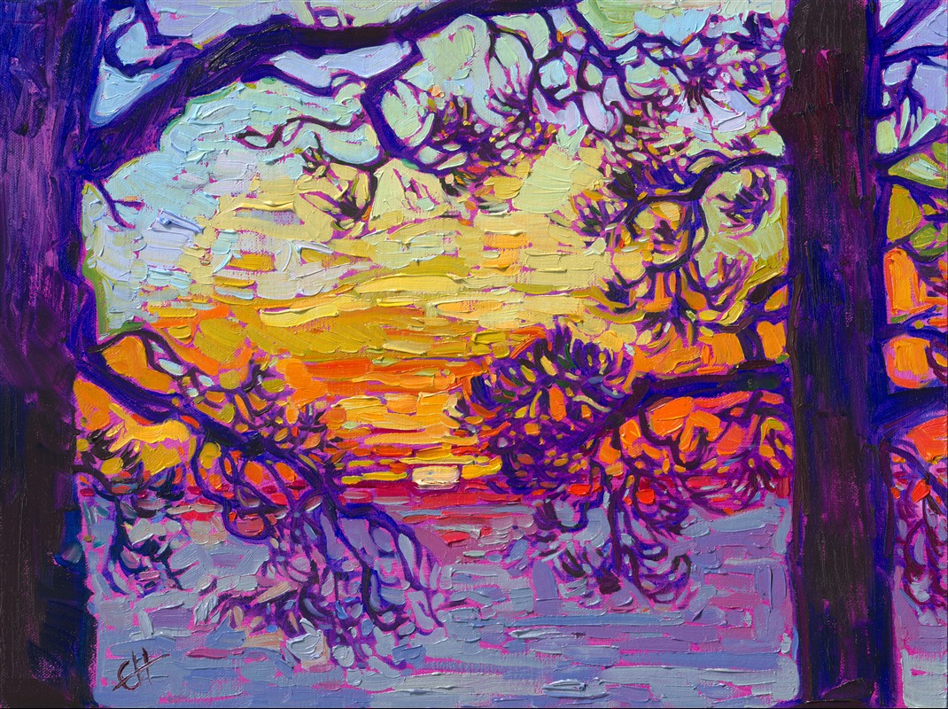 Impressionistic hues of oil paint bring to life this scene of ancient pine trees silhouetted against the sun setting beyond the Pacific Ocean. Erin Hanson is famous for her Open Impressionism technique, where she lays brushstrokes of oil paint side by side without layering. Her style of painting results in paintings that are loose and expressive, alive with color and motion. 
