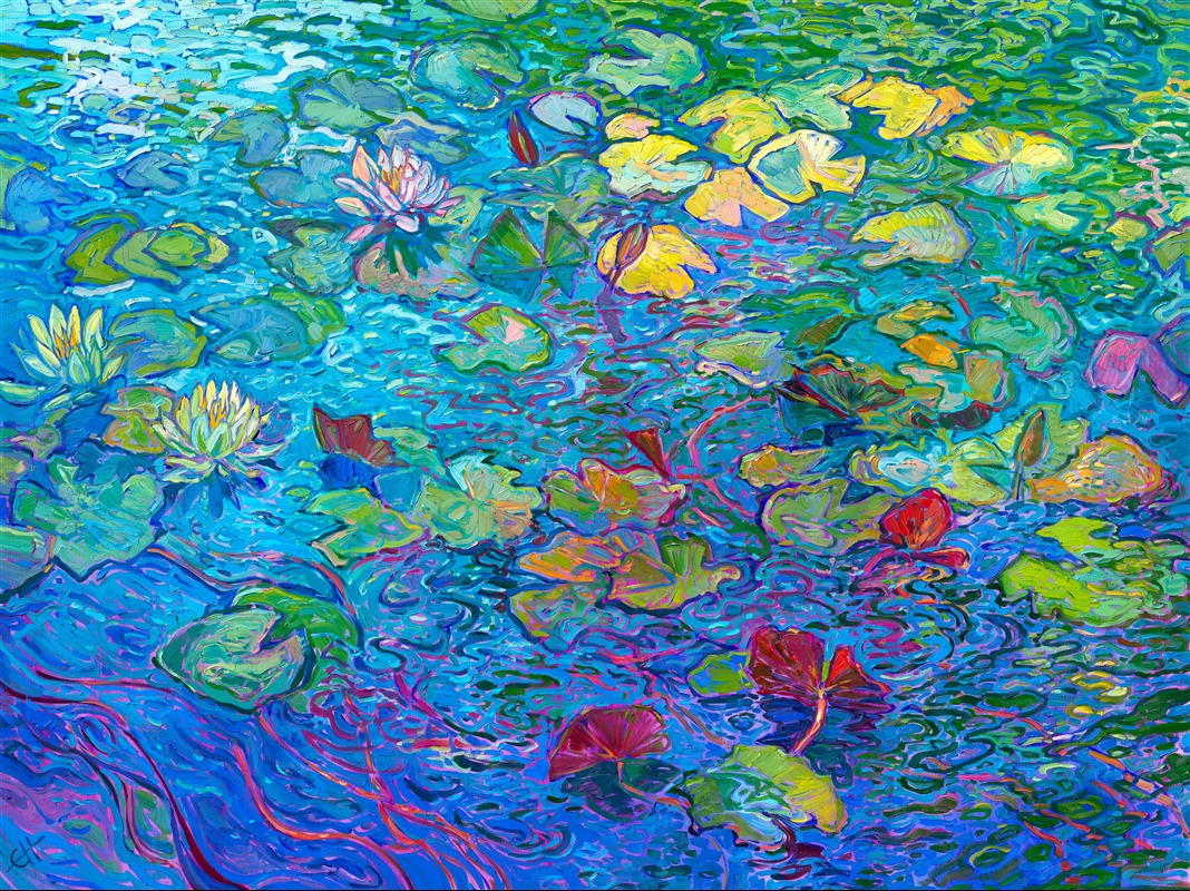 Modern master of impressionism Erin Hanson follows in the footsteps of Monet and the first impressionists in capturing the beauty and movement of water lilies among water reflections. Thick brush strokes are laid side-by-side to capture the transient beauty of the scene, in Hanson's iconic Open Impressionism style.

"Water Lilies in Bloom" is an original oil painting done on 1-1/2" deep canvas. The piece arrives framed in a burnished gold leaf floater frame, the perfect blend of traditional and contemporary.
