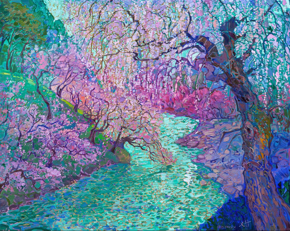 This painting of Japanese cherry blossoms captures the beautiful white and pink hues of cherry trees against viridian waters. This oil painting was created with 24kt gold leaf applied to the canvas underpainting. The gold leaf glints and glitters subtly between the brushstrokes, catching the light and making the painting feel alive with motion.

This painting will be on display for The Gold Leaf Show at The Erin Hanson Gallery in McMinnville, Oregon. All are invited to the artist reception on Saturday, November 21st, 2026. Experience van Gogh meets Klimt in Erin Hanson's iconic Open Impressionism style. (You may purchase the painting now, but it will ship after the exhibition on November 21st.)
