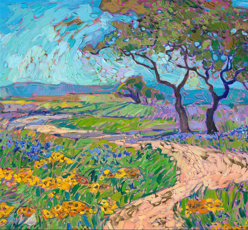 Texas Hill Country landscape is a beautiful place to experience spring wildflowers. Splashes of color blanket the landscape, from bluebonnets to black-eyed-Susans. This painting captures the beautiful colors of spring with thick, impressionistic brushstrokes.</p><p>This oil painting was created over 24kt gold leaf. The gold leaf peeks through the brushstrokes of oil paint, catching the light and adding a subtle sparkle to the painting.</p><p>This painting will be on display for <a href="https://www.erinhanson.com/Event/goldleafcollection2026">The Gold Leaf Show</a> at The Erin Hanson Gallery in McMinnville, Oregon. All are invited to the artist reception on Saturday, November 21st. Experience van Gogh meets Klimt in Erin Hanson's iconic Open Impressionism style.