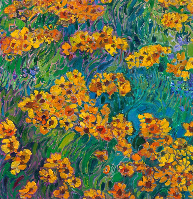 Texas Hill Country landscape is a beautiful place to experience spring wildflowers. Splashes of color blanket the landscape, from bluebonnets to black-eyed-Susans. This painting captures the beautiful colors of spring with thick, impressionistic brushstrokes.</p><p>This oil painting was created over 24kt gold leaf. The gold leaf peeks through the brushstrokes of oil paint, catching the light and adding a subtle sparkle to the painting.</p><p>This painting will be on display for <a href="https://www.erinhanson.com/Event/goldleafcollection2026">The Gold Leaf Show</a> at The Erin Hanson Gallery in McMinnville, Oregon. All are invited to the artist reception on Saturday, November 21st. Experience van Gogh meets Klimt in Erin Hanson's iconic Open Impressionism style.
