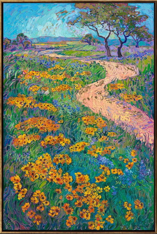 Texas Hill Country landscape is a beautiful place to experience spring wildflowers. Splashes of color blanket the landscape, from bluebonnets to black-eyed-Susans. This painting captures the beautiful colors of spring with thick, impressionistic brushstrokes.</p><p>This oil painting was created over 24kt gold leaf. The gold leaf peeks through the brushstrokes of oil paint, catching the light and adding a subtle sparkle to the painting.</p><p>This painting will be on display for <a href="https://www.erinhanson.com/Event/goldleafcollection2026">The Gold Leaf Show</a> at The Erin Hanson Gallery in McMinnville, Oregon. All are invited to the artist reception on Saturday, November 21st. Experience van Gogh meets Klimt in Erin Hanson's iconic Open Impressionism style.