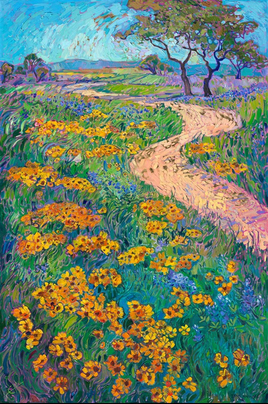 Texas Hill Country landscape is a beautiful place to experience spring wildflowers. Splashes of color blanket the landscape, from bluebonnets to black-eyed-Susans. This painting captures the beautiful colors of spring with thick, impressionistic brushstrokes.

This oil painting was created over 24kt gold leaf. The gold leaf peeks through the brushstrokes of oil paint, catching the light and adding a subtle sparkle to the painting.

This painting will be on display for <a href="https://www.erinhanson.com/Event/goldleafcollection2026">The Gold Leaf Show</a> at The Erin Hanson Gallery in McMinnville, Oregon. All are invited to the artist reception on Saturday, November 21st. Experience van Gogh meets Klimt in Erin Hanson's iconic Open Impressionism style.