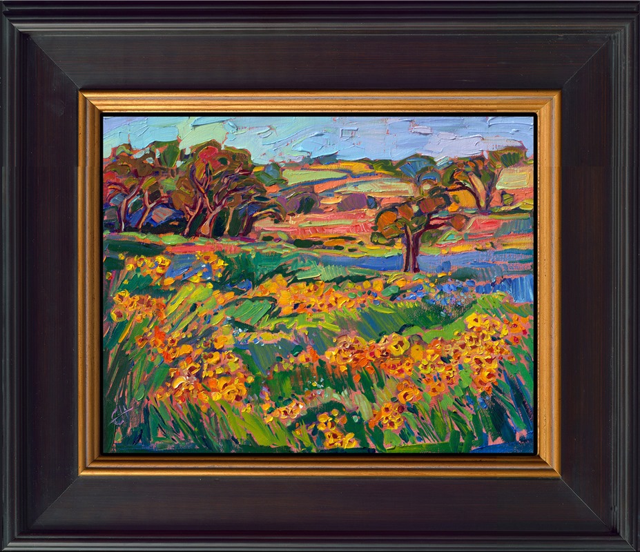 Black-eyed Susans, bluebonnets, and Indian paintbrushes fill the fields in Texas Hill Country with color and life every springtime. This petite painting captures the transient beauty of wildflowers on a small 14-inch canvas. Thick oil paint brushstrokes and vibrant color are hallmarks of Erin Hanson's Open Impressionism style. Bring this painting home and fill your walls with color and light.