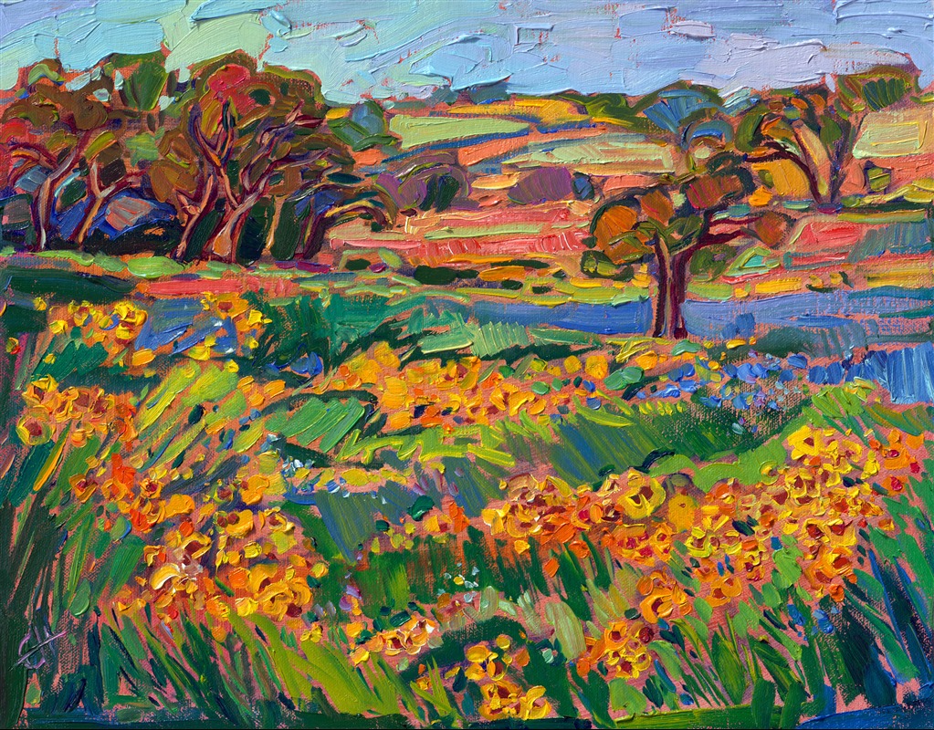 Black-eyed Susans, bluebonnets, and Indian paintbrushes fill the fields in Texas Hill Country with color and life every springtime. This petite painting captures the transient beauty of wildflowers on a small 14-inch canvas. Thick oil paint brushstrokes and vibrant color are hallmarks of Erin Hanson's Open Impressionism style. Bring this painting home and fill your walls with color and light.