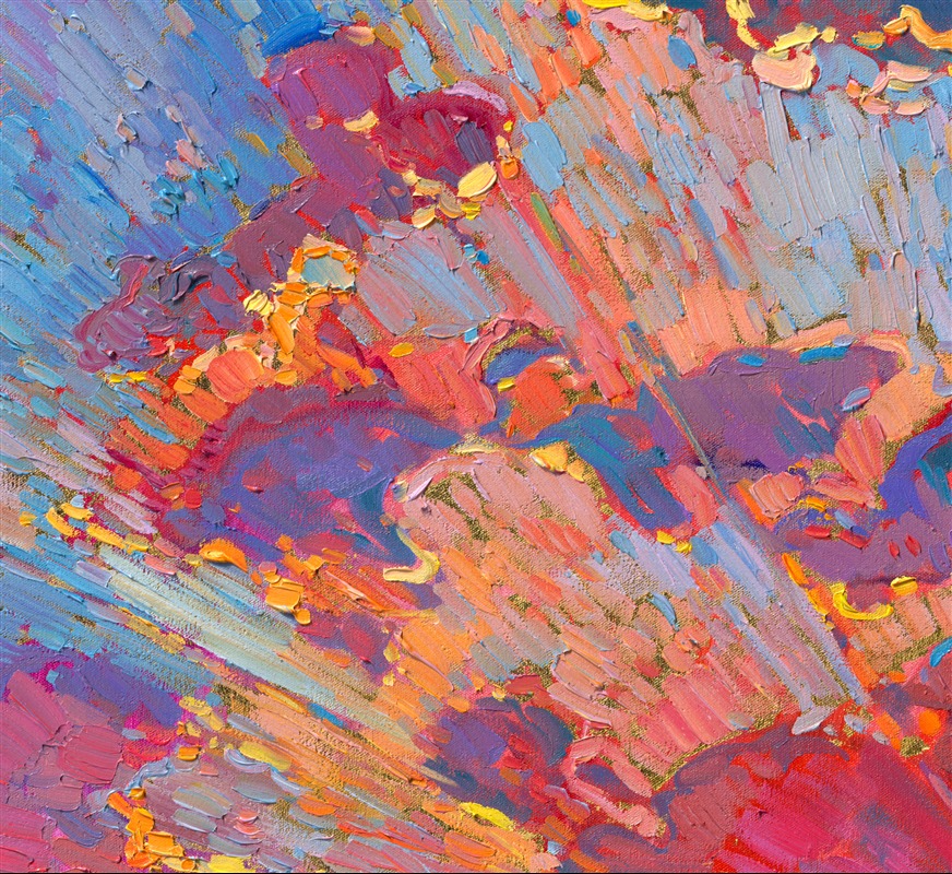 Inspired by the view from the Newberg hills, looking down over the Willamette Valley towards the coastal range, this painting captures the beauty of Oregon's wine country. Not only does this region produce incredible pinots, but the scenery is worth traveling to see. </p><p>This painting has an extra layer of light—the oil painting was created on 24kt gold leaf, applied directly over the underpainting. The gold leaf glints subtly behind the strokes of oil paint, catching the light and giving the illusion of moving water.