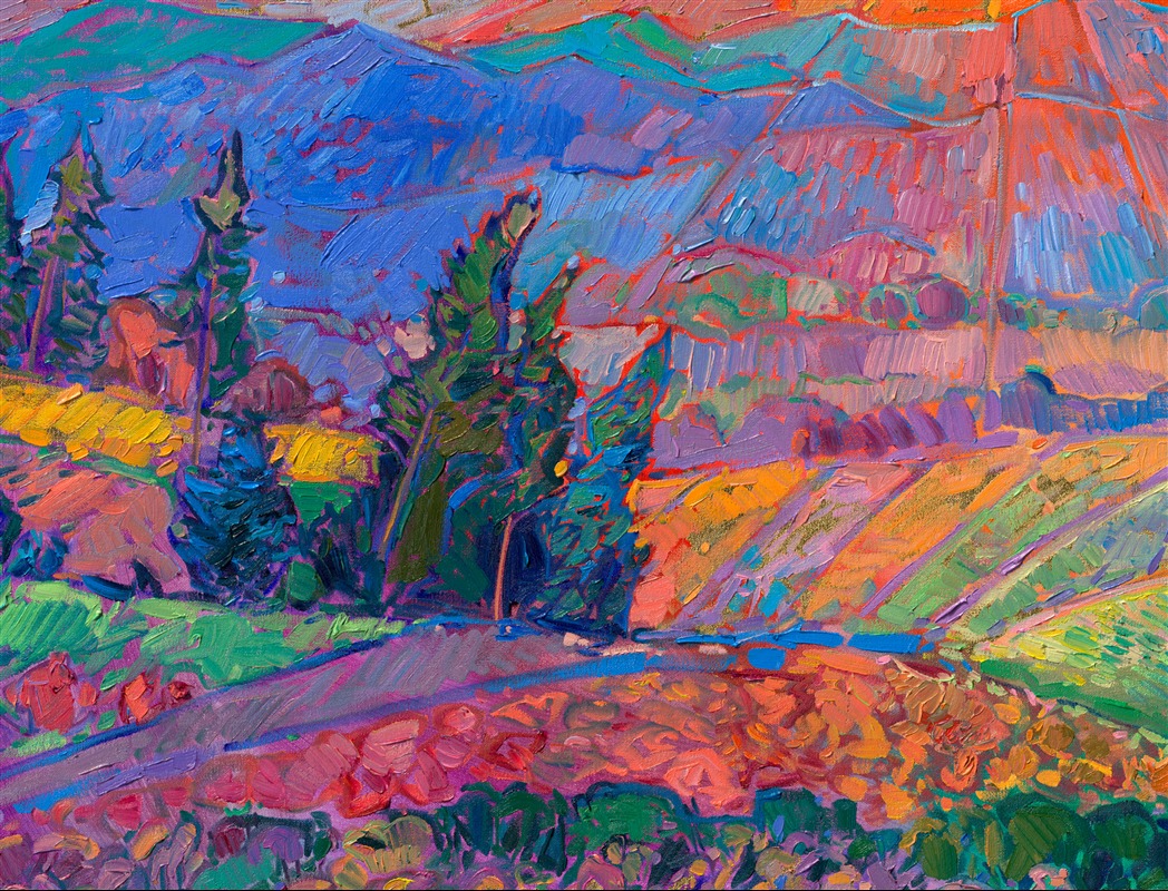 Inspired by the view from the Newberg hills, looking down over the Willamette Valley towards the coastal range, this painting captures the beauty of Oregon's wine country. Not only does this region produce incredible pinots, but the scenery is worth traveling to see. </p><p>This painting has an extra layer of light—the oil painting was created on 24kt gold leaf, applied directly over the underpainting. The gold leaf glints subtly behind the strokes of oil paint, catching the light and giving the illusion of moving water.