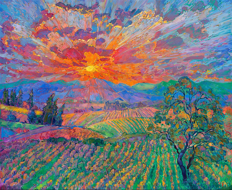 Inspired by the view from the Newberg hills, looking down over the Willamette Valley towards the coastal range, this painting captures the beauty of Oregon's wine country. Not only does this region produce incredible pinots, but the scenery is worth traveling to see. 

This painting has an extra layer of light—the oil painting was created on 24kt gold leaf, applied directly over the underpainting. The gold leaf glints subtly behind the strokes of oil paint, catching the light and giving the illusion of moving water.