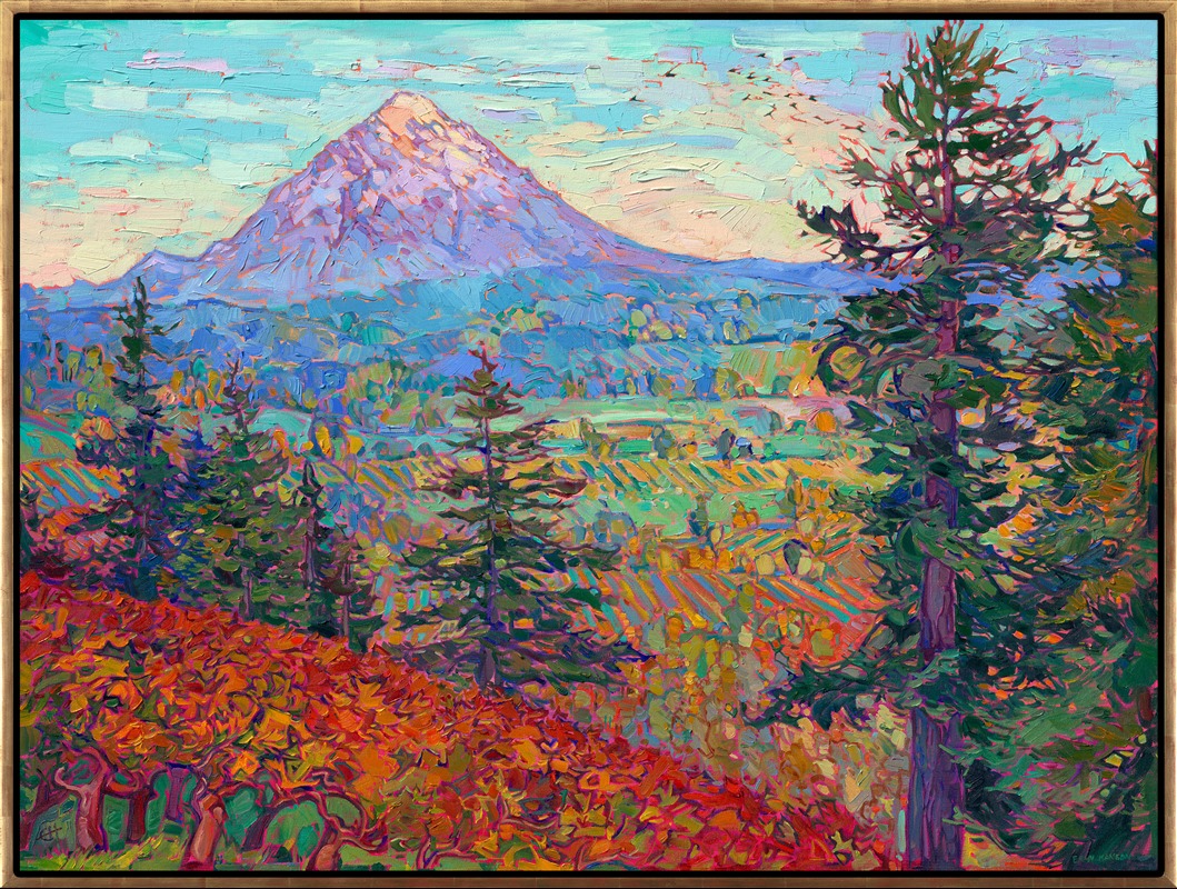 As summer drifts into fall, the Willamette Valley becomes saturated in a rainbow of colors ranging from deep red and lavender to burnt orange and cadmium yellow. This painting captures the beauty of Oregon's wine country during my favorite time of the year, when sunflowers are in bloom, the summer heat has passed, and harvest festivals abound. Driving around in Newberg and Dundee, I could see all the way to Mount Hood, with sprawling countryside and vineyards below.</p><p>This painting of Oregon vineyards can be purchased as an original oil (while still available), a textured reproduction, or a regular canvas or paper print. Surround yourself with the beauty of the Willamette Valley and bring color and light into your home.