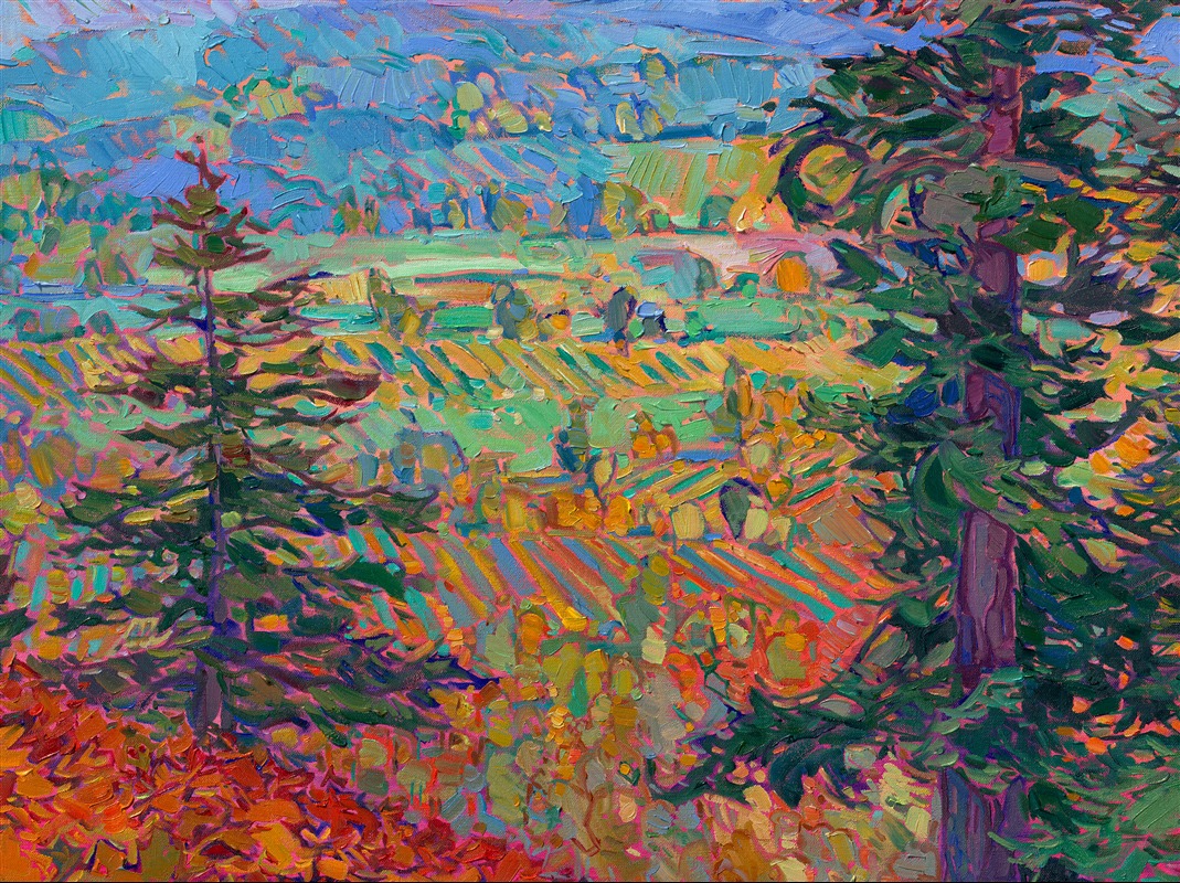 As summer drifts into fall, the Willamette Valley becomes saturated in a rainbow of colors ranging from deep red and lavender to burnt orange and cadmium yellow. This painting captures the beauty of Oregon's wine country during my favorite time of the year, when sunflowers are in bloom, the summer heat has passed, and harvest festivals abound. Driving around in Newberg and Dundee, I could see all the way to Mount Hood, with sprawling countryside and vineyards below.</p><p>This painting of Oregon vineyards can be purchased as an original oil (while still available), a textured reproduction, or a regular canvas or paper print. Surround yourself with the beauty of the Willamette Valley and bring color and light into your home.